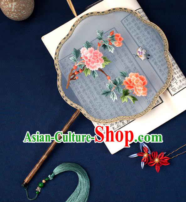 China Embroidered Peony Palace Fan Handmade Hanfu Fan Traditional Blue Silk Fan