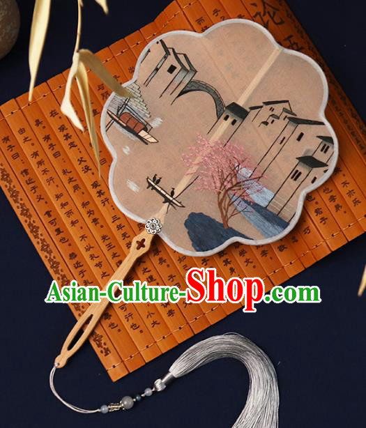 China Embroidered Waterside Palace Fan Handmade Hanfu Fan Traditional Silk Fan