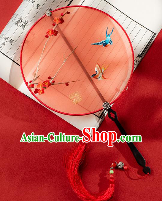 China Traditional Circular Fan Bride Red Silk Fan Double Side Hanfu Fan Handmade Suzhou Embroidered Plum Swallow Palace Fan