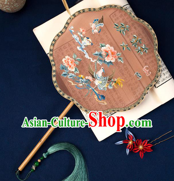 China Handmade Hanfu Fan Traditional Orange Silk Fan Embroidered Phoenix Peony Palace Fan