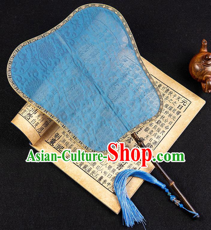 China Classical Hanfu Fan Handmade Palm Leaf Palace Fan Traditional Ancient Princess Jacquard Blue Silk Fan