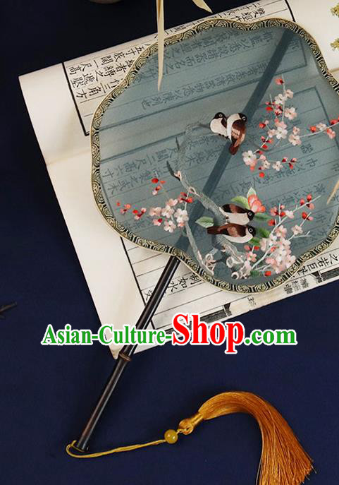 China Handmade Ebony Hanfu Fan Traditional Blue Silk Fan Embroidered Plum Birds Palace Fan