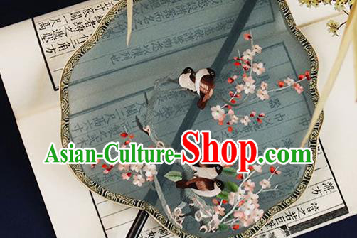 China Handmade Ebony Hanfu Fan Traditional Blue Silk Fan Embroidered Plum Birds Palace Fan