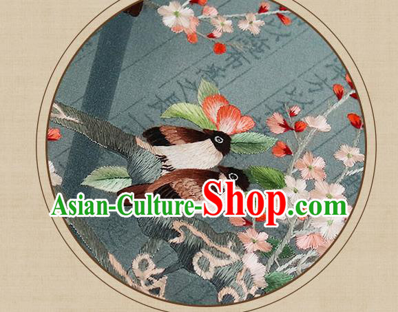 China Handmade Ebony Hanfu Fan Traditional Blue Silk Fan Embroidered Plum Birds Palace Fan
