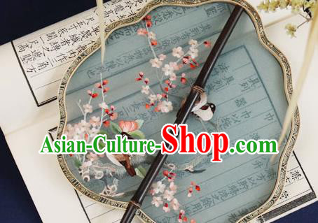 China Handmade Ebony Hanfu Fan Traditional Blue Silk Fan Embroidered Plum Birds Palace Fan