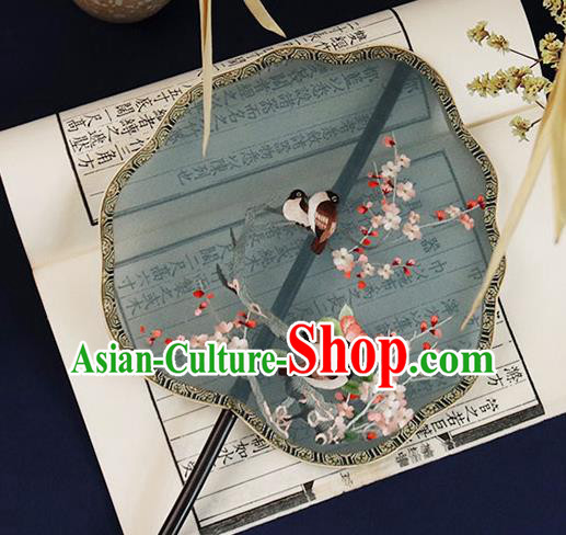 China Handmade Ebony Hanfu Fan Traditional Blue Silk Fan Embroidered Plum Birds Palace Fan