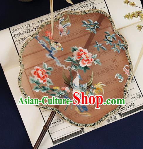 China Embroidered Phoenix Peony Palace Fan Handmade Ebony Hanfu Fan Traditional Maroon Silk Fan
