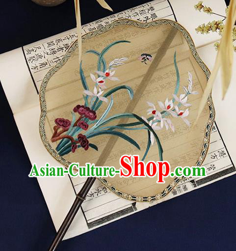 China Embroidered Orchids Palace Fan Handmade Ebony Hanfu Fan Traditional Yellow Silk Fan