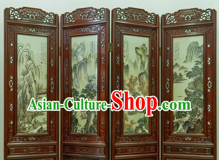 Handmade China Carving Rosewood Folding Screen Embroidered Furniture Ornaments