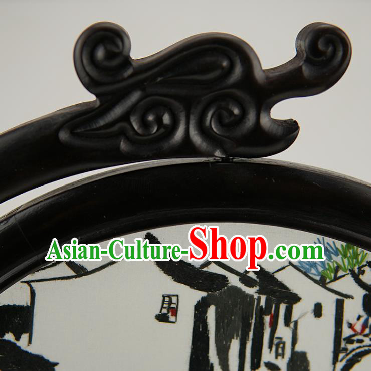 Handmade China Suzhou Embroidery Craft Table Ornament Suzhou Embroidered Waterside Sandalwood Desk Screen