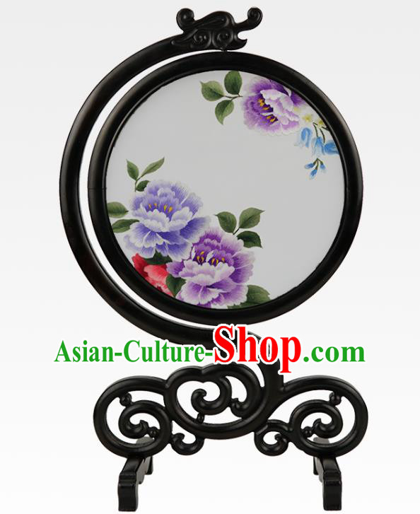 Handmade China Embroidered Peony Screen Suzhou Embroidery Craft Sandalwood Table Ornament