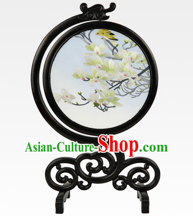 Handmade China Sandalwood Table Ornament Embroidered Mandarin Mangnolia Screen Suzhou Embroidery Craft