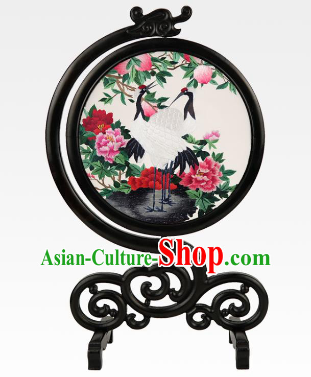 China Embroidered Crane Peony Silk Desk Screen Handmade Sandalwood Table Ornament Suzhou Embroidery Craft