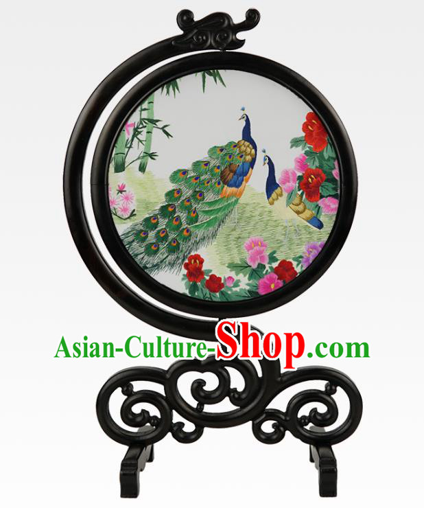 China Handmade Sandalwood Table Ornament Embroidered Peacock Peony Desk Screen Suzhou Embroidery Silk Craft