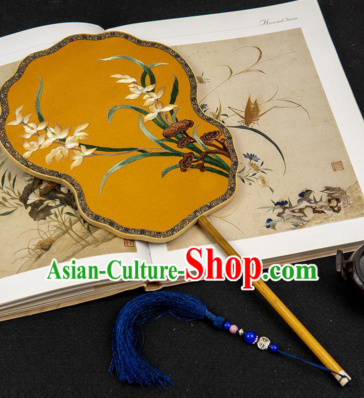 China Handmade Wedding Palace Fan Traditional Embroidered Orchids Fan Classical Hanfu Yellow Silk Fan
