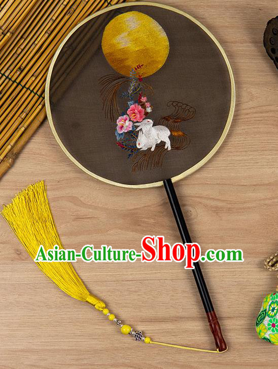 China Traditional Embroidered Moon Rabbit Circular Fan Ancient Noble Lady Palace Fan Classical Hanfu Black Silk Fan Handmade