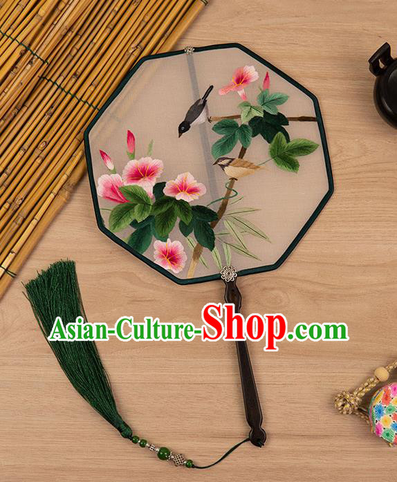China Traditional Embroidered Azalea Bird Fan Classical Hanfu Silk Fan Handmade Ancient Princess Palace Fan