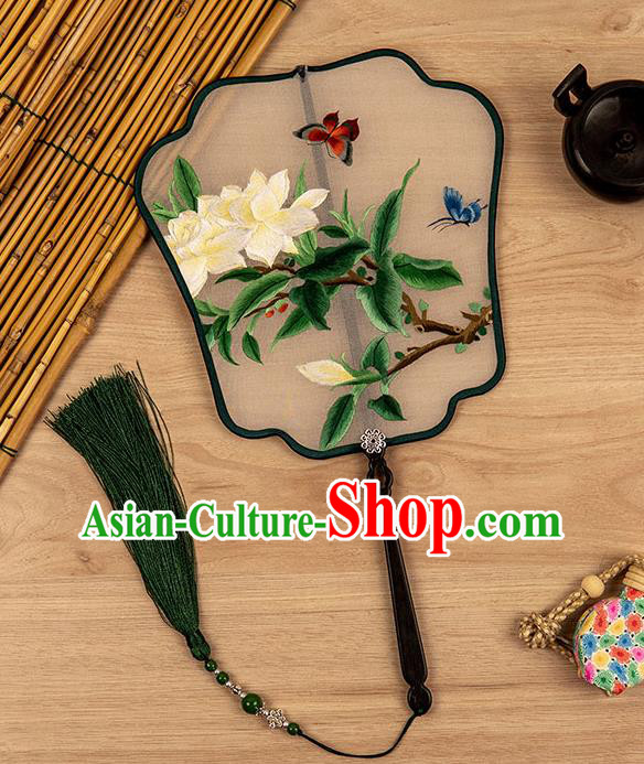 China Traditional Embroidered Mangnolia Butterfly Fan Silk Fan Handmade Ancient Princess Palace Fan Classical Hanfu Accessories