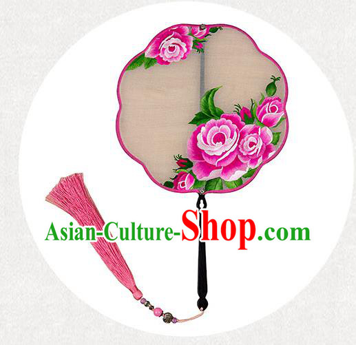 China Embroidered Pink Peony Fan Classical Hanfu Accessories Handmade Palace Fan Traditional Silk Fan