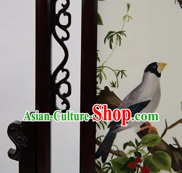 Handmade China Suzhou Embroidery Craft Embroidered Double Side Desk Screen Rosewood Table Ornament