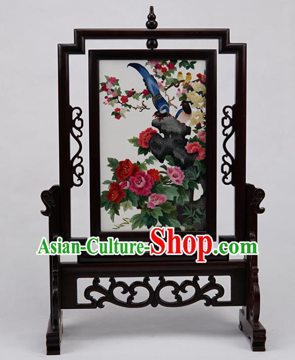 Handmade China Suzhou Embroidery Peony Craft Embroidered Double Side Desk Screen Rosewood Table Ornament