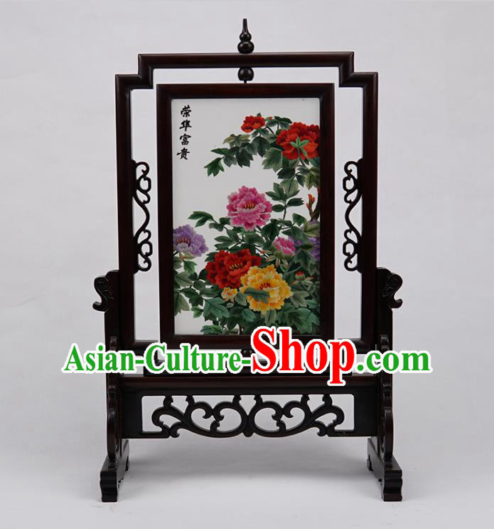 Handmade China Rosewood Table Ornament Suzhou Embroidery Peony Craft Embroidered Double Side Desk Screen