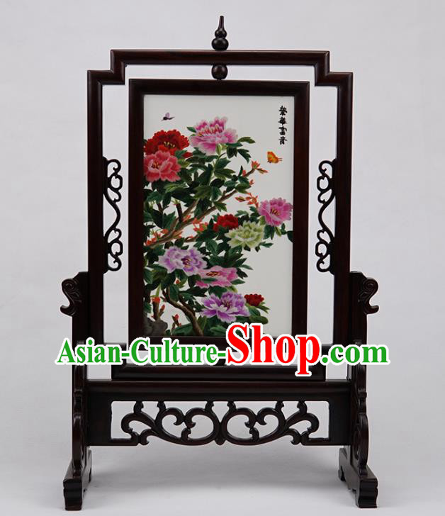 Handmade China Embroidered Peony Desk Screen Rosewood Table Ornament Suzhou Double Side Embroidery Craft