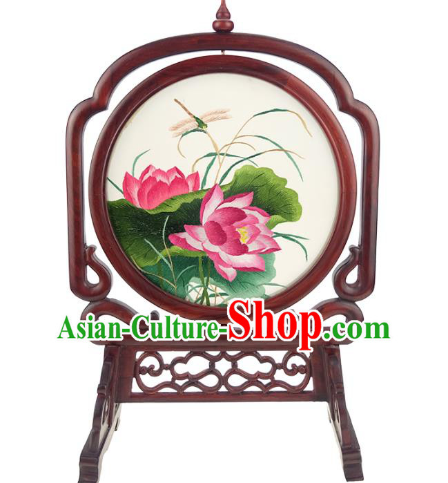 China Embroidered Lotus Desk Screen Handmade Rosewood Table Ornament Suzhou Double Side Embroidery Silk Craft