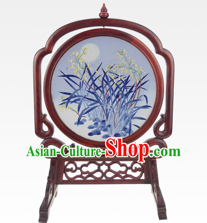 China Handmade Rosewood Table Ornament Embroidered Orchids Desk Screen