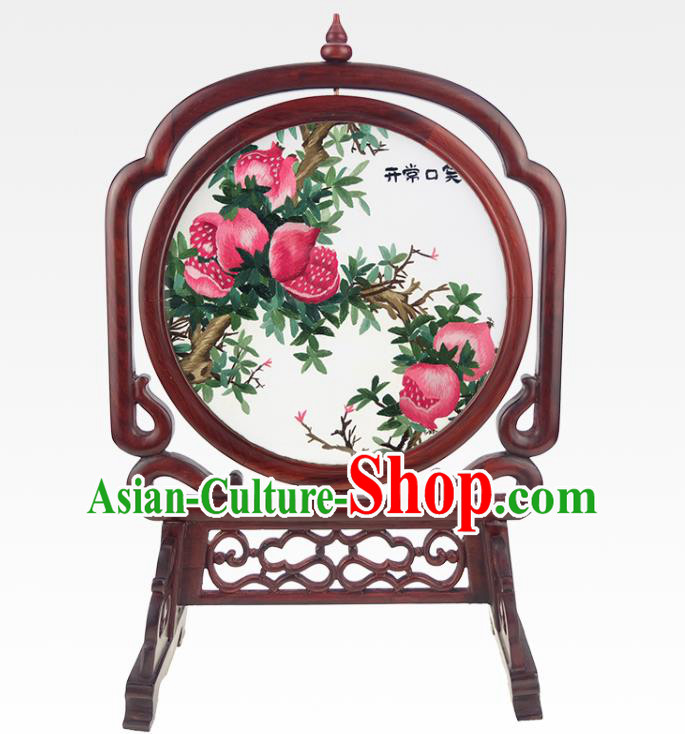 China Embroidered Pomegranate Desk Screen Handmade Rosewood Table Ornament