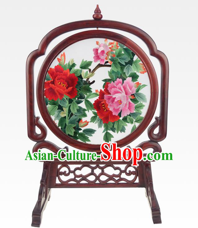 China Traditional Rosewood Craft Handmade Table Ornament Embroidered Peony Desk Screen