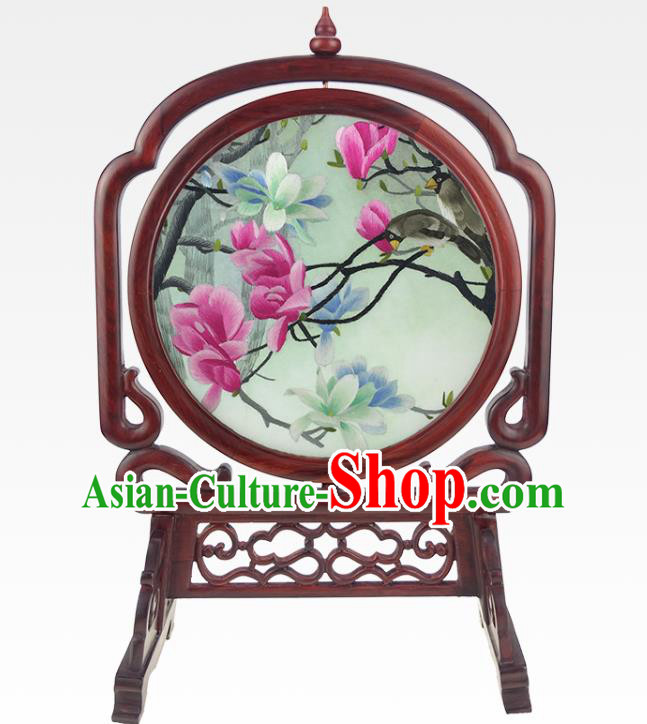 China Embroidered Mangnolia Craft Handmade Table Ornament Traditional Rosewood Desk Screen