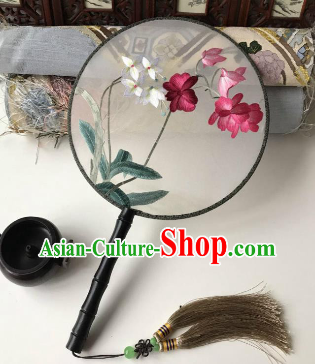 China Handmade Palace Fan Traditional Silk Fan Classical Hanfu Accessories Embroidered Orchid Circular Fan