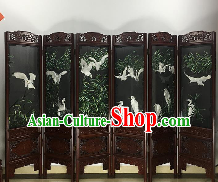 China Suzhou Embroidered Craft Handmade Furniture Ornament Traditional Embroidery Bamboo Cranes Rosewood Folding Screen