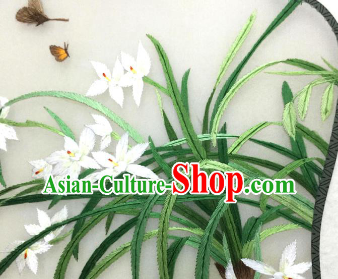 China Traditional Palace Fan Classical Dance Silk Fan Handmade Suzhou Embroidered Orchids Silk Fan