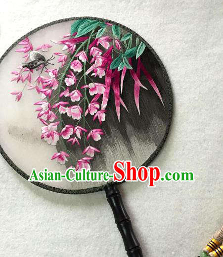 China Classical Dance Circular Fan Traditional Suzhou Embroidered Phalaenopsis Palace Fan Handmade Black Silk Fan