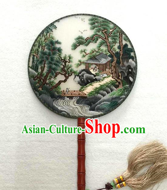 China Classical Dance Circular Silk Fan Traditional Suzhou Embroidered Landscape Fan Handmade Double Sides Palace Fan