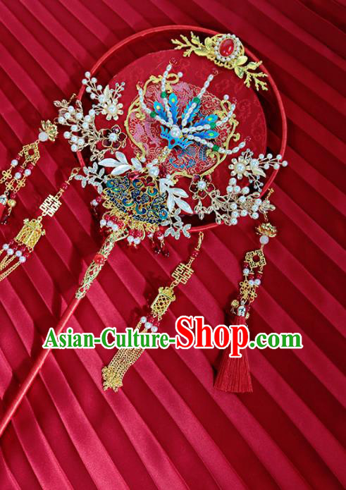 China Traditional Handmade Blueing Phoenix Palace Fan Classical Wedding Red Tassel Circular Fan