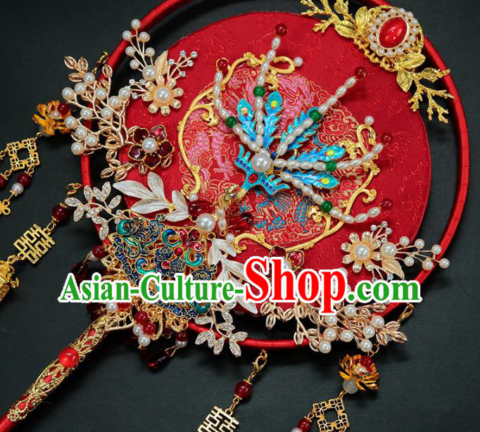 China Traditional Handmade Blueing Phoenix Palace Fan Classical Wedding Red Tassel Circular Fan