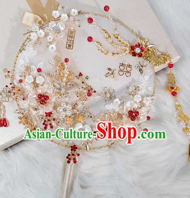 China Traditional Handmade Shell Plum Blossom Palace Fan Classical Wedding Golden Phoenix Circular Fan