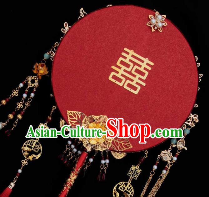 China Traditional Blueing Phoenix Red Fan Handmade Palace Fan Classical Wedding Circular Fan