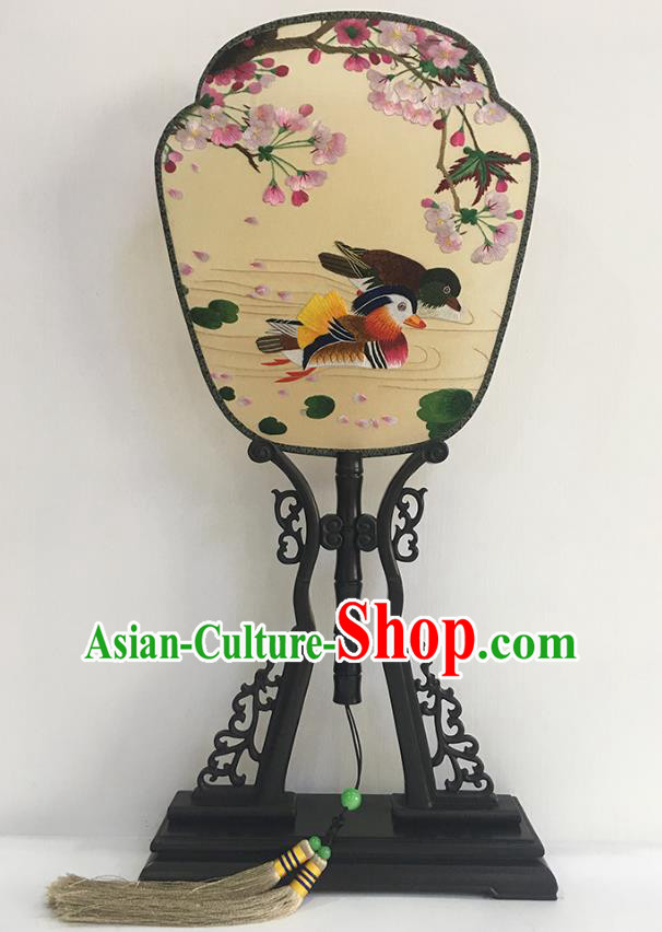 China Embroidered Mandarin Duck Fan Handmade Rosewood Palace Fan Traditional Silk Fan Classical Hanfu Accessories