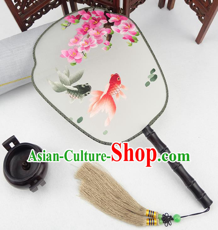 China Handmade Rosewood Palace Fan Traditional Silk Fan Embroidered Peach Blossom Goldfish Fan