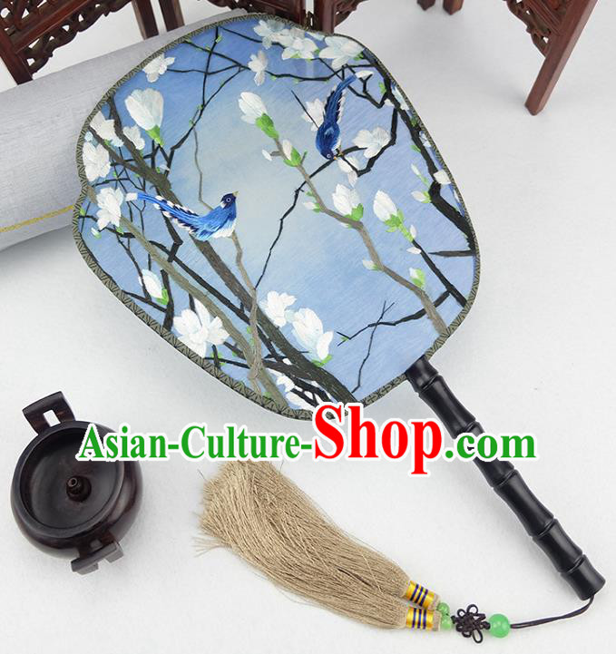 China Traditional Blue Silk Fan Handmade Rosewood Palace Fan Embroidered Mangnolia Fan