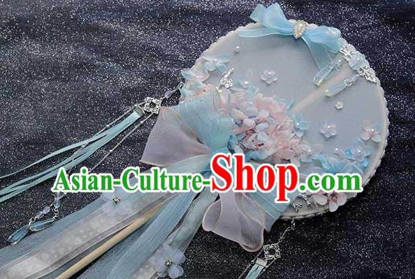 China Traditional Bride Blue Silk Circular Fan Classical Dance Ribbon Fan Handmade Wedding Palace Fan