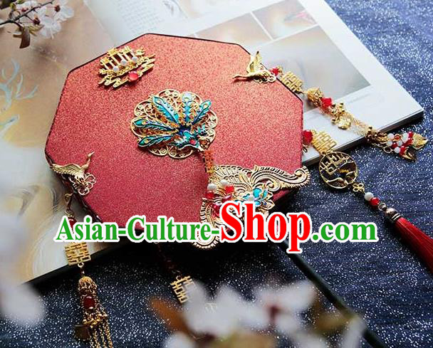 China Traditional Bride Red Octagon Fan Classical Dance Fan Handmade Wedding Palace Fan