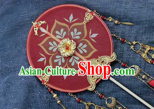 China Traditional Tang Dynasty Bride Circular Fan Classical Dance Red Silk Rose Fan Handmade Wedding Palace Fan