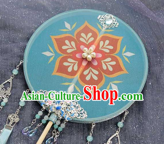 China Traditional Tang Dynasty Blue Silk Circular Fan Handmade Wedding Palace Fan Classical Dance Bride Fan