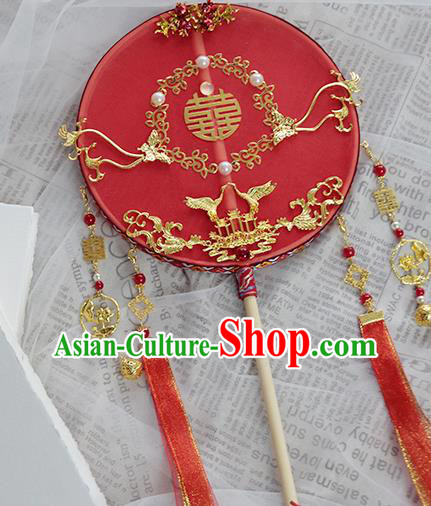 China Classical Dance Red Ribbon Circular Fan Handmade Wedding Palace Fan Traditional Bride Golden Cranes Silk Fan