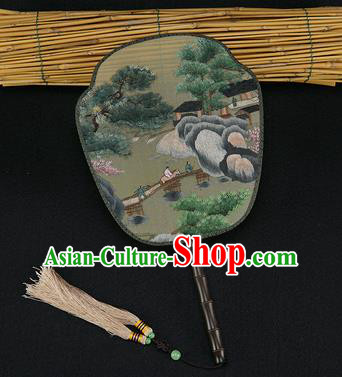 China Traditional Hanfu Silk Fan Embroidered Landscape Painting Fan Handmade Rosewood Palace Fans